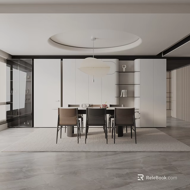 Modern Dining Table Set With Chairs Round Pendant Light White Cabinets And Gray Rug 3d model
