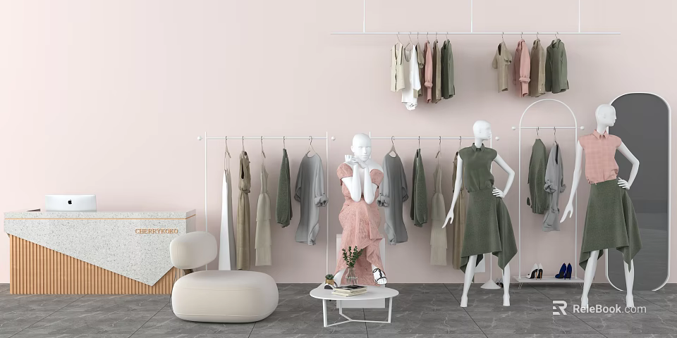 Pastel Clothing Display With Mannequins Pink Green Dresses And Hanging Racks 3d model 