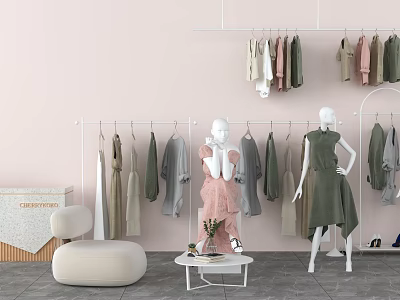 Pastel Clothing Display With Mannequins Pink Green Dresses And Hanging Racks 3d model