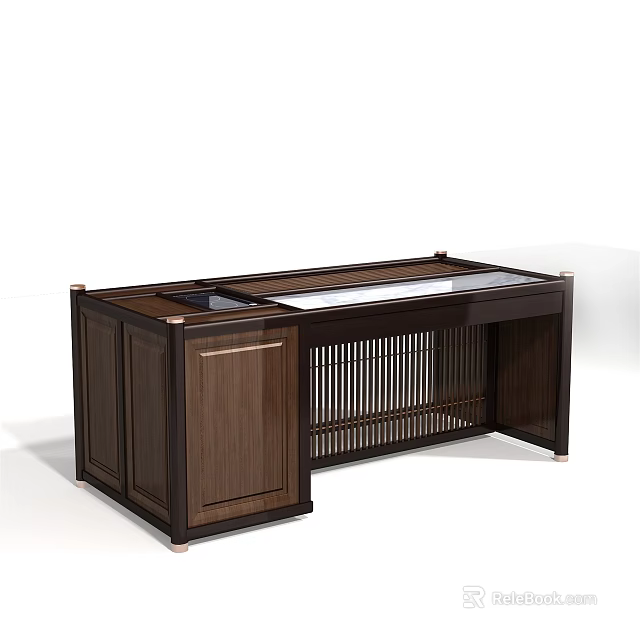 Modern Dark Wooden Desk With Drawer Lattice Design And Glass Top Surface 3d model 