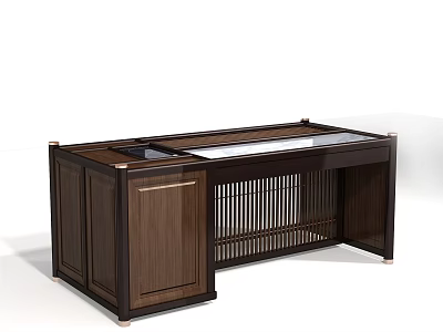 Modern Dark Wooden Desk With Drawer Lattice Design And Glass Top Surface 3d model