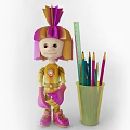 Decorative Yellow Photo Frame With Girl Teddy Bear And Blue Cartoon Frame Near Colored Pencils