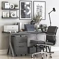 Modern Office Desk Setup With Laptop Printer Globe Potted Plant Coffee Cup And Newspaper