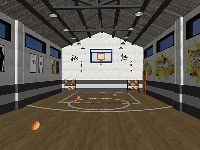 Indoor Basketball Court with Wooden Floor Hoops Basketballs Ceiling Beams and Wall Murals 3d model