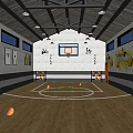 Indoor Basketball Court with Wooden Floor Hoops Basketballs Ceiling Beams and Wall Murals