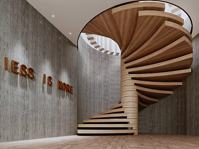 Modern Interior With Wooden Spiral Staircase And Less Is More Gray Wall 3d model