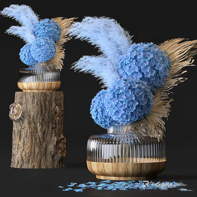 Blue Hydrangea and Pampas Grass in Striped Glass Vase with Wooden Base on Tree Stump 3d model 
