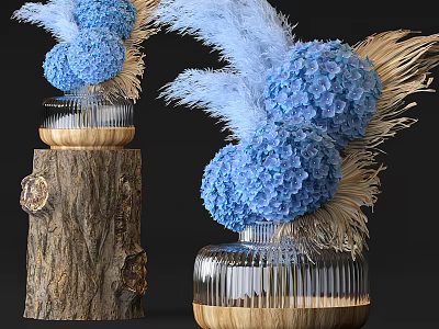 Blue Hydrangea and Pampas Grass in Striped Glass Vase with Wooden Base on Tree Stump 3d model