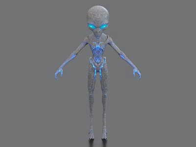 Futuristic Alien Game and Movie Character With Blue Glowing Eyes and Bioluminescent Body Patterns 3d model
