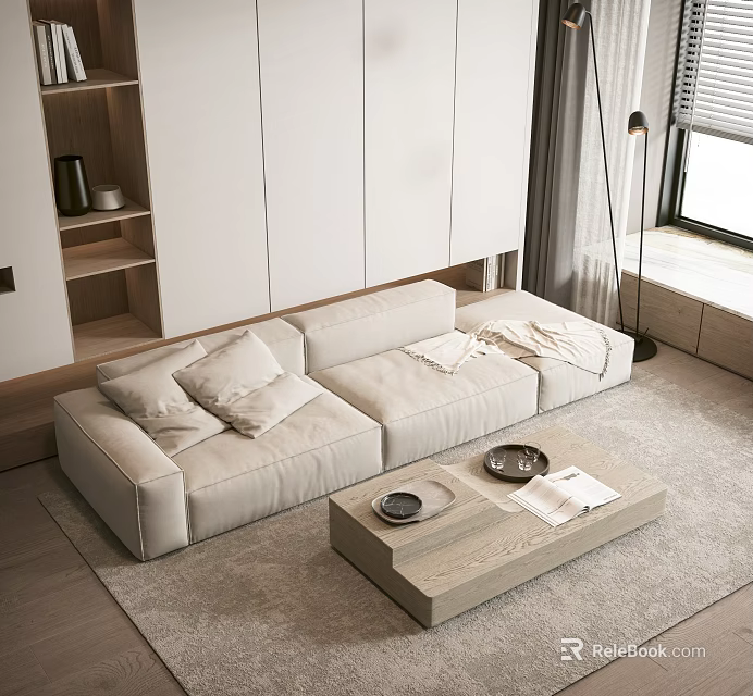 Modern Three Seater Sofa in Light Beige Fabric with Wooden Coffee Table and Living Room Decor 3d model 