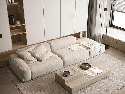 Modern Three Seater Sofa in Light Beige Fabric with Wooden Coffee Table and Living Room Decor 3d model