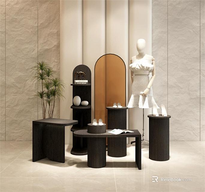 Modern Boutique Interior With Arched Mirror Mannequin In White Dress Black Wooden Furniture Green Plant 3d model 