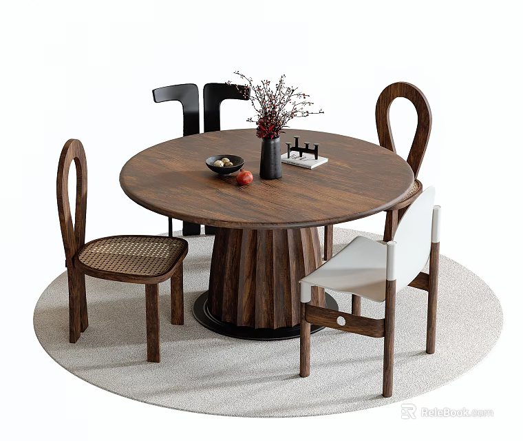 Round Wooden Dining Table With Woven Back Chairs And Decorative Vase On Neutral Carpet 3d model 