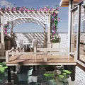 Beautiful Courtyard Garden with Wooden Terrace Flower Trellis Glass Sunroom Small Pond and Water Lilies