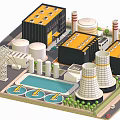 Cartoon Industrial Scene Featuring Factory Buildings Cooling Towers Storage Tanks Power Towers Truck And Trees