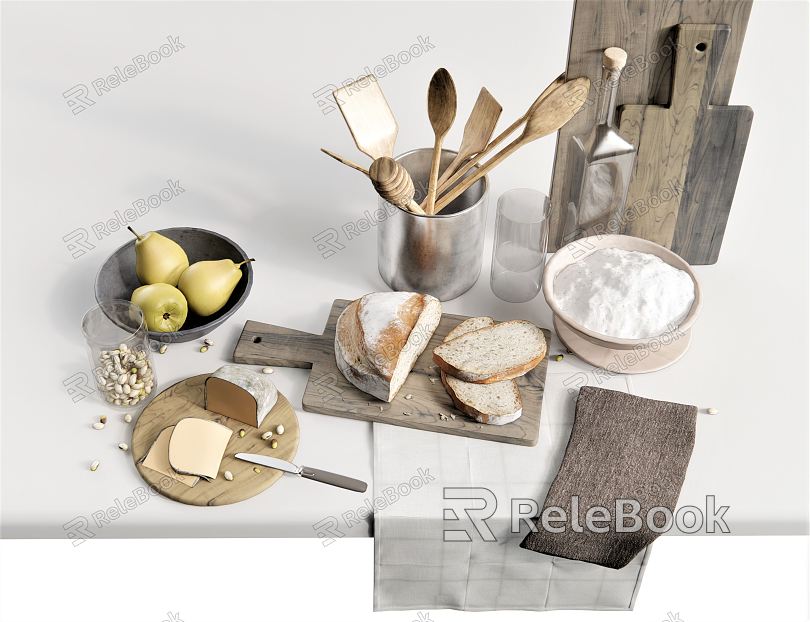 modern food food drink sliced bread cake cheese pear knife and fork cutting board wine bottle plate meal cloth flour model