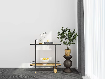 Modern Living Room Corner With Mobile Trolley Plant And Decorative Items 3d model