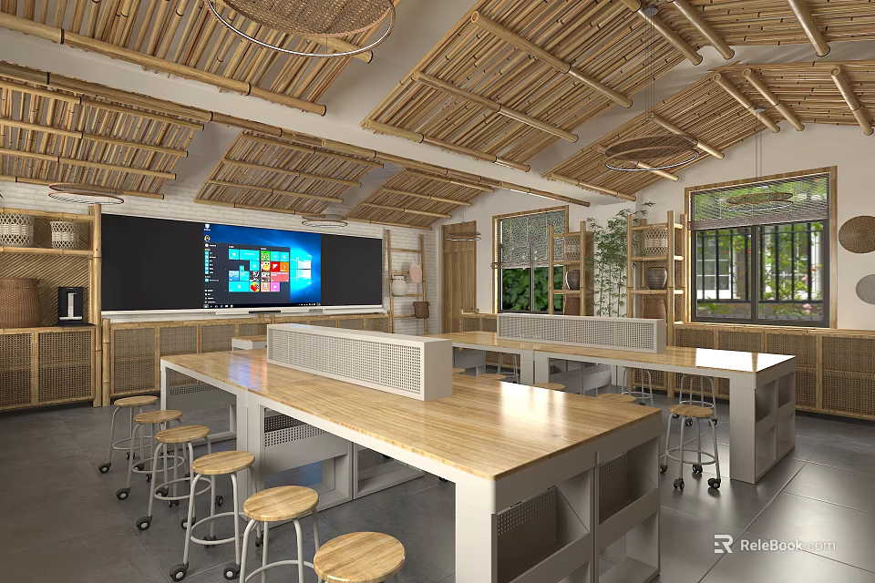 School Classroom Interior With Bamboo Ceiling Large Blackboard Screen Wooden Tables Bar Stools And Plants 3d model 