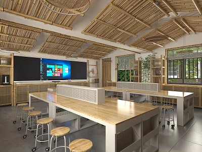 School Classroom Interior With Bamboo Ceiling Large Blackboard Screen Wooden Tables Bar Stools And Plants 3d model