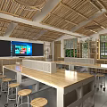 School Classroom Interior With Bamboo Ceiling Large Blackboard Screen Wooden Tables Bar Stools And Plants