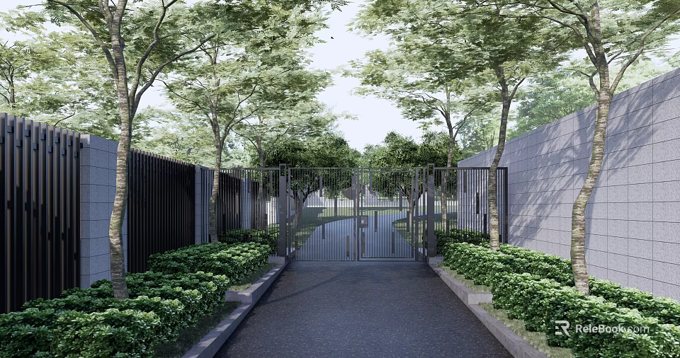 Entrance Gate Surrounded By Trees Lush Greenery And Driveway Between Walls 3d model 