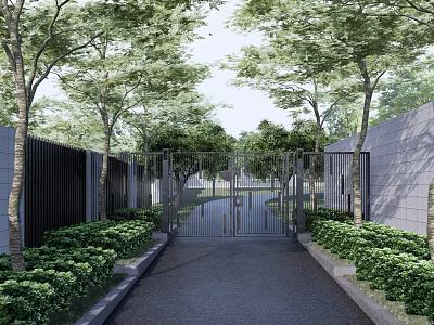 Entrance Gate Surrounded By Trees Lush Greenery And Driveway Between Walls 3d model