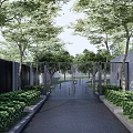 Entrance Gate Surrounded By Trees Lush Greenery And Driveway Between Walls
