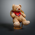 Cute Brown Teddy Bear Sitting on Wicker Chair with Red Scarf and Colorful Patterns