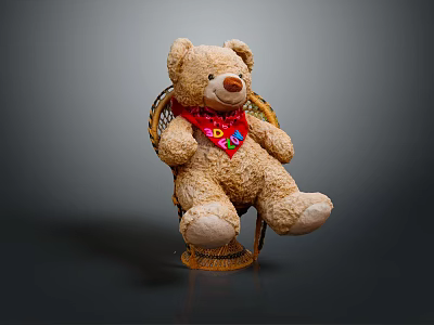 Cute Brown Teddy Bear Sitting on Wicker Chair with Red Scarf and Colorful Patterns 3d model