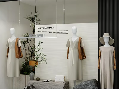 Natural Chic Window Display With Mannequins Dresses Plants Hat And Handbags 3d model
