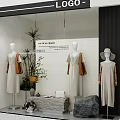 Natural Chic Window Display With Mannequins Dresses Plants Hat And Handbags