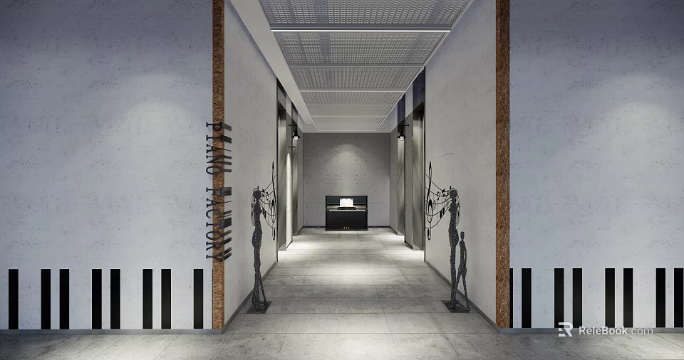 Modern Elevator Hallway Interior With Decorative Sculptures Ceiling Lighting And Concrete Floor 3d model 