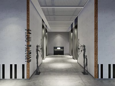 Modern Elevator Hallway Interior With Decorative Sculptures Ceiling Lighting And Concrete Floor 3d model