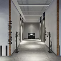Modern Elevator Hallway Interior With Decorative Sculptures Ceiling Lighting And Concrete Floor