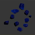 Blue Glassy Polyhedral Shapes Scattered on Dark Reflective Surface with Sharp Geometric Angles 3d model