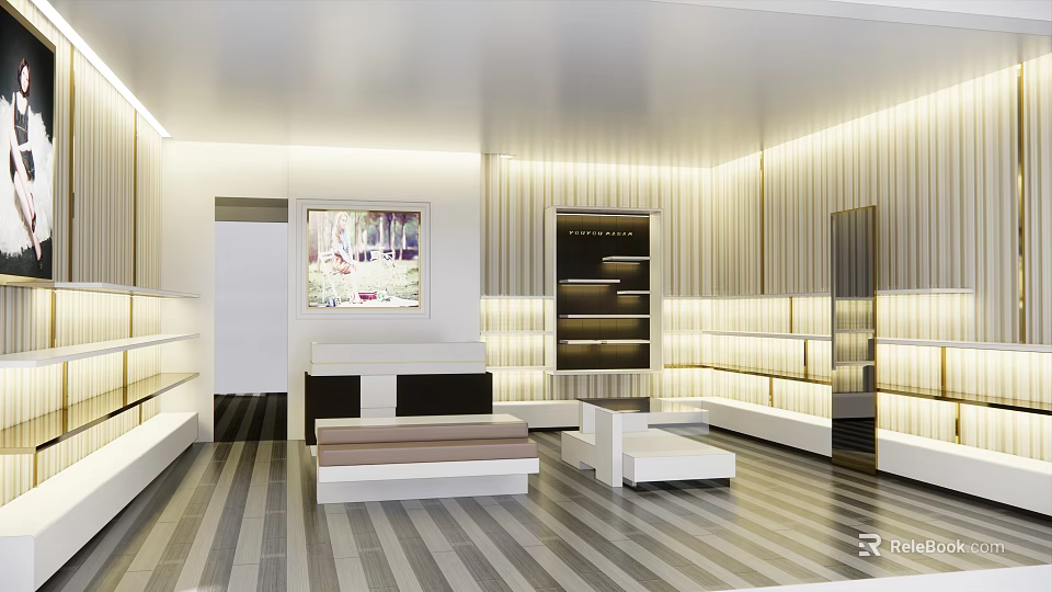 Modern Boutique With Open Space White Wooden Decor Display Shelves Sofa Seating And Striped Flooring 3d model 