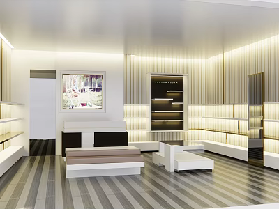 Modern Boutique With Open Space White Wooden Decor Display Shelves Sofa Seating And Striped Flooring 3d model
