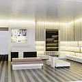 Modern Boutique With Open Space White Wooden Decor Display Shelves Sofa Seating And Striped Flooring