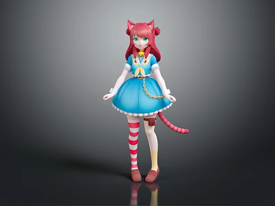 Anime Game Character With Long Pink Hair Cat Ears Blue Dress Red White Striped Socks 3d model
