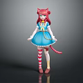 Anime Game Character With Long Pink Hair Cat Ears Blue Dress Red White Striped Socks