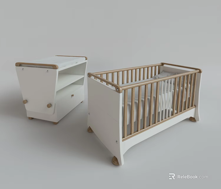 Modern White Baby Crib With Wooden Railings And Matching Drawer Cabinet 3d model 