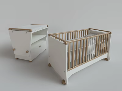 Modern White Baby Crib With Wooden Railings And Matching Drawer Cabinet 3d model