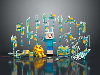 Pixel Style Game Character With Yellow Pet Weapons Tools And Chest Collection 3d model