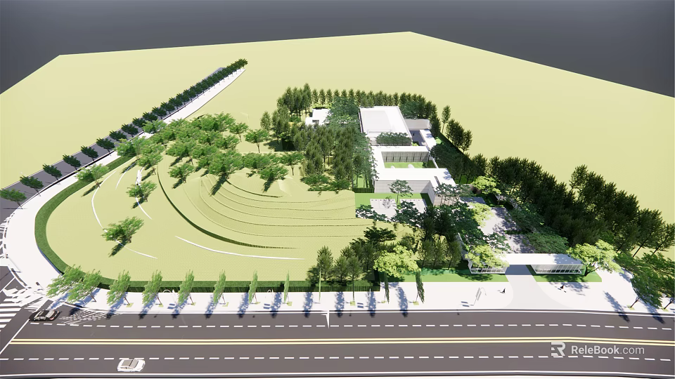 Modern Sales Office Building Exterior With Lush Greenery And Scenic Landscape Design 3d model 