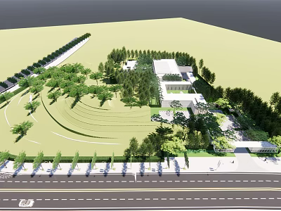 Modern Sales Office Building Exterior With Lush Greenery And Scenic Landscape Design 3d model