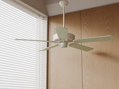 Light Green Ceiling Fan With Blades In Room Wooden Wall And Window Blinds 3d model