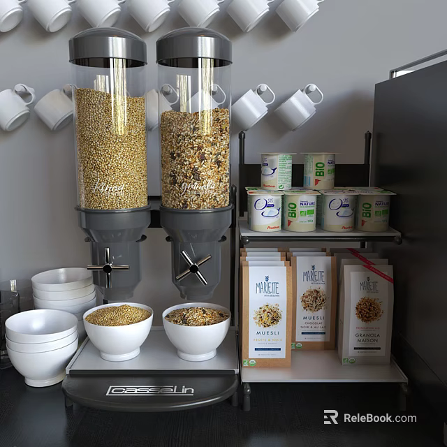 Functional Table with Grain Dispensers White Mugs Canned Goods White Bowls and Cereal Boxes 3d model 