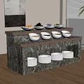 Elegant Marble Tiered Buffet Station With White Bowls And Food Items Near Window