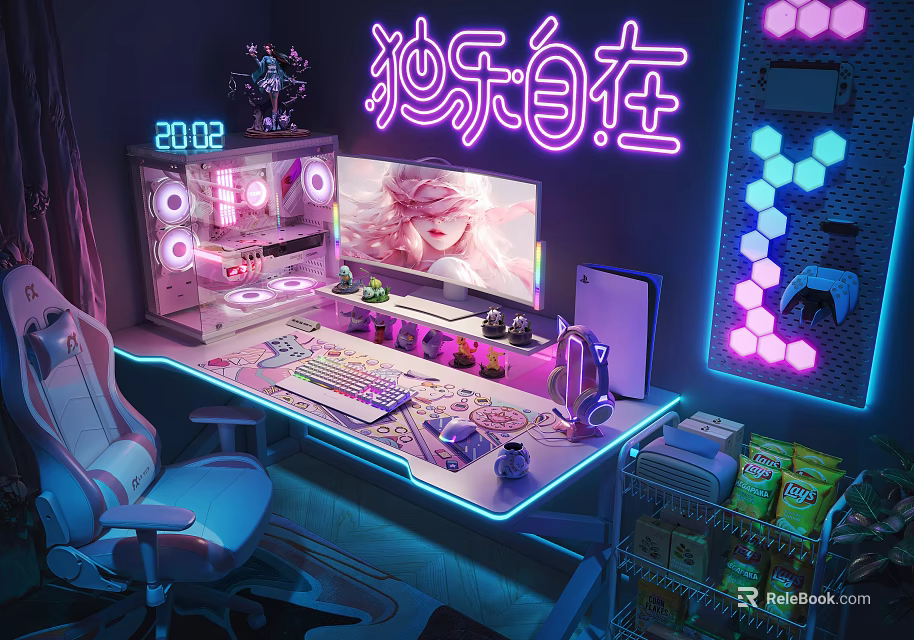 Colorful Gaming Station Design With Neon Lights RGB Lighting Anime Display Ergonomic Chair And Desk 3d model 