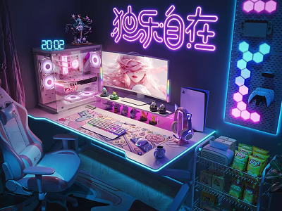 Colorful Gaming Station Design With Neon Lights RGB Lighting Anime Display Ergonomic Chair And Desk 3d model